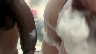 Her taut culo couldn&rsquo;t take his big bbc in the shower, no matter how much she tried. After stepping out, she fun bags over and let him destroy her doggystyle&mdash;wet, raw, and deep until she made a mud all over his massive black man-meat and her l