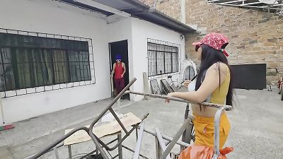 "NEW yr GIFT: Homeless female slurps BANANA while getting floggers anal