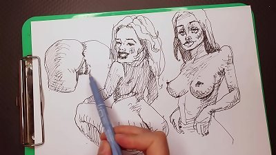porn artist at work, evening rapid sketches of gorgeous moaning with marker pen